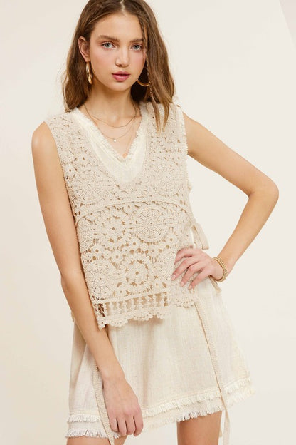 Bohemian Self Side Tie Detailed Crochet Vest Top