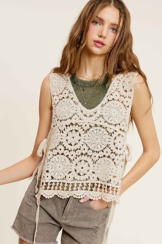 Bohemian Self Side Tie Detailed Crochet Vest Top