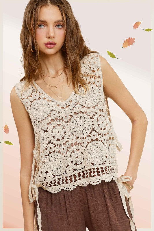 Bohemian Self Side Tie Detailed Crochet Vest Top