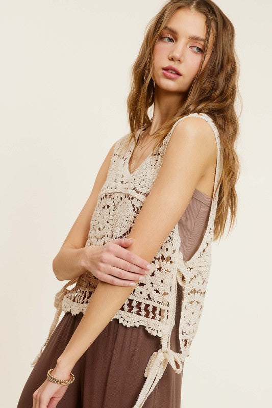 Bohemian Self Side Tie Detailed Crochet Vest Top