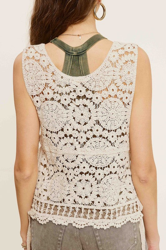 Bohemian Self Side Tie Detailed Crochet Vest Top