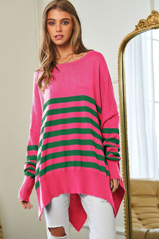 Bohemian Multi Striped Elbow Patch Loose Fit Sweater Top