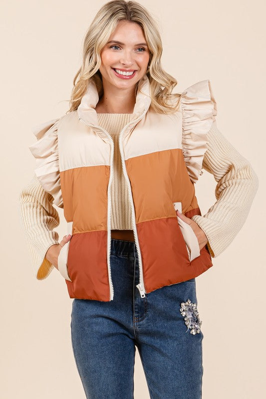 Color Block Ruffle Trim Puffer Vest