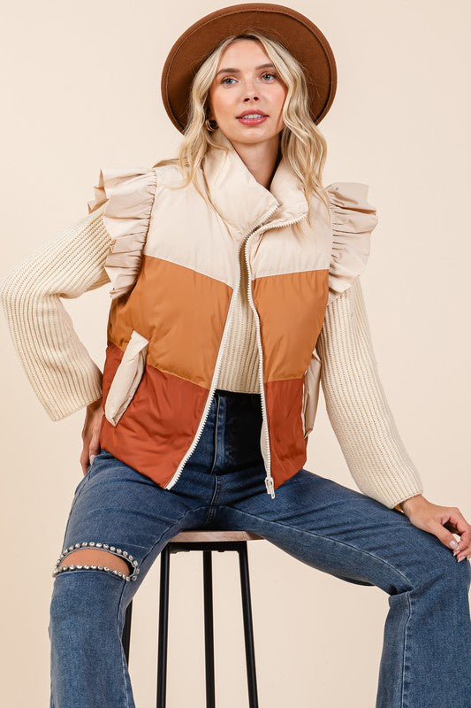 Color Block Ruffle Trim Puffer Vest