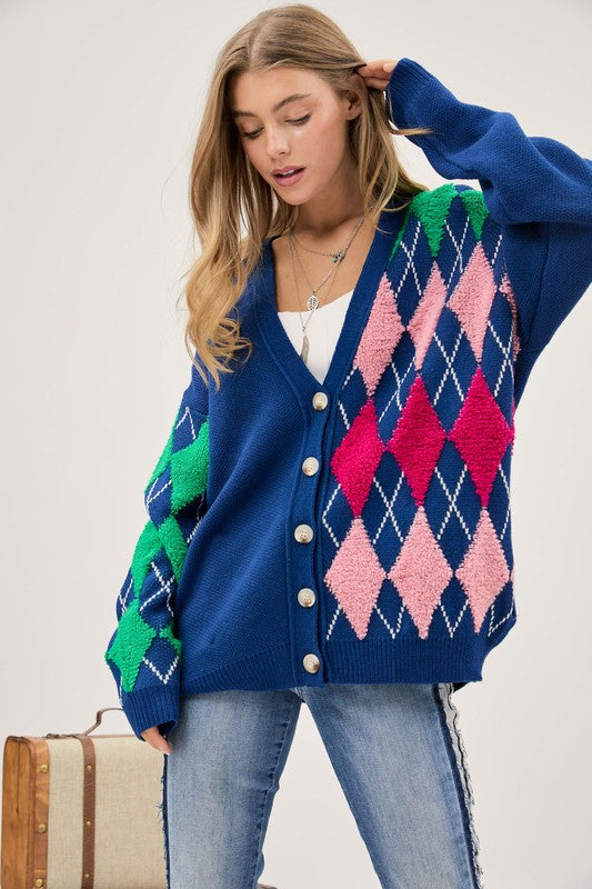 Bohemian Plush Argyle Button Front Loose Fit Knit Cardigan