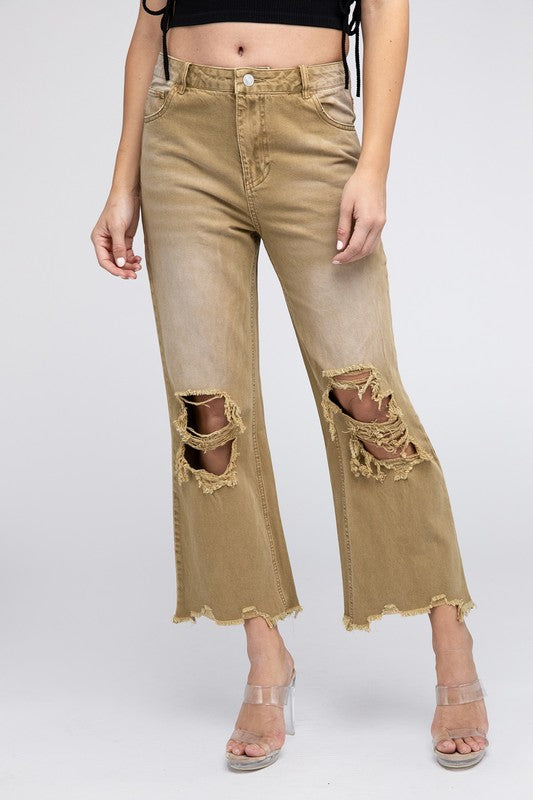 Bohemian Distressed Vintage Washed Wide Leg Pants