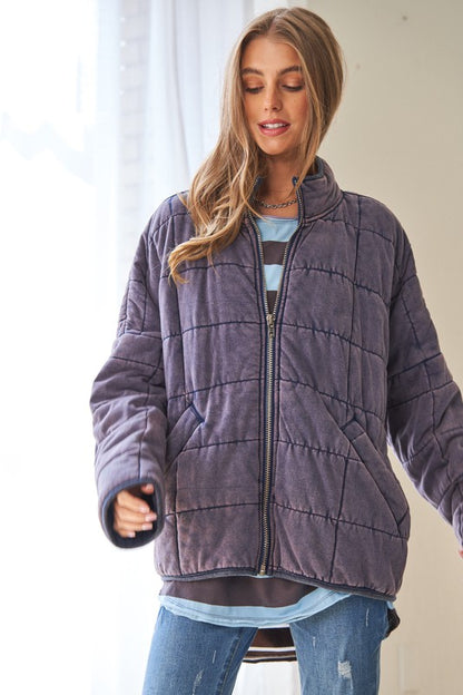 Bohemian Washed Soft Comfy Quilting Zip Closure Jacket