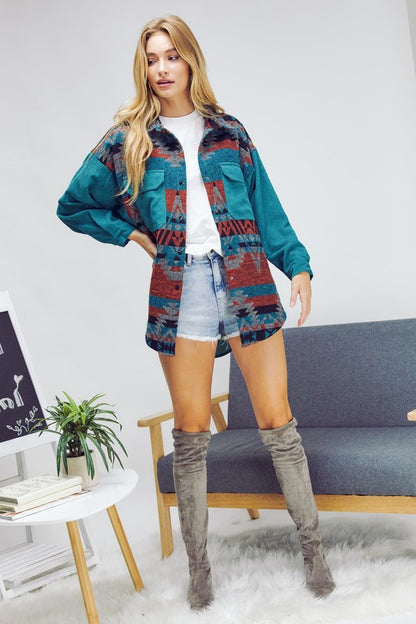 Bohemian Plaid Aztec Printed Button Down Long Sleeve Shirt Jacket