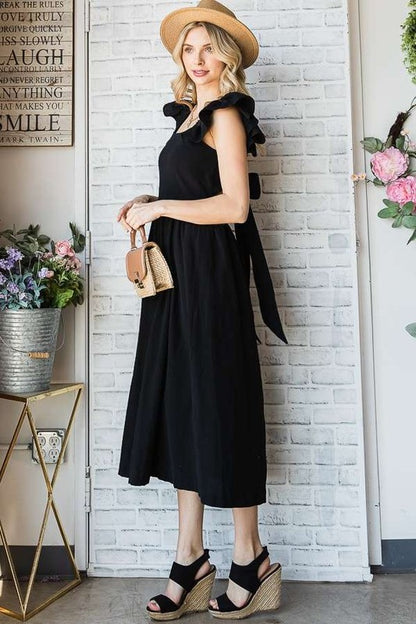 Bohemian Linen Ruffle Cut Out Back Midi Dress