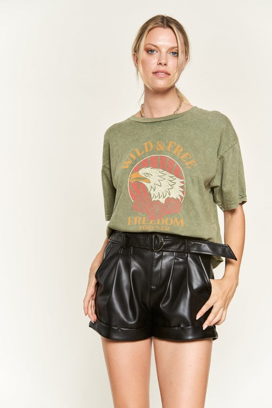 Bohemian Acid Washed Wild and Free Eagle Graphic Short Sleeve T-Shirt