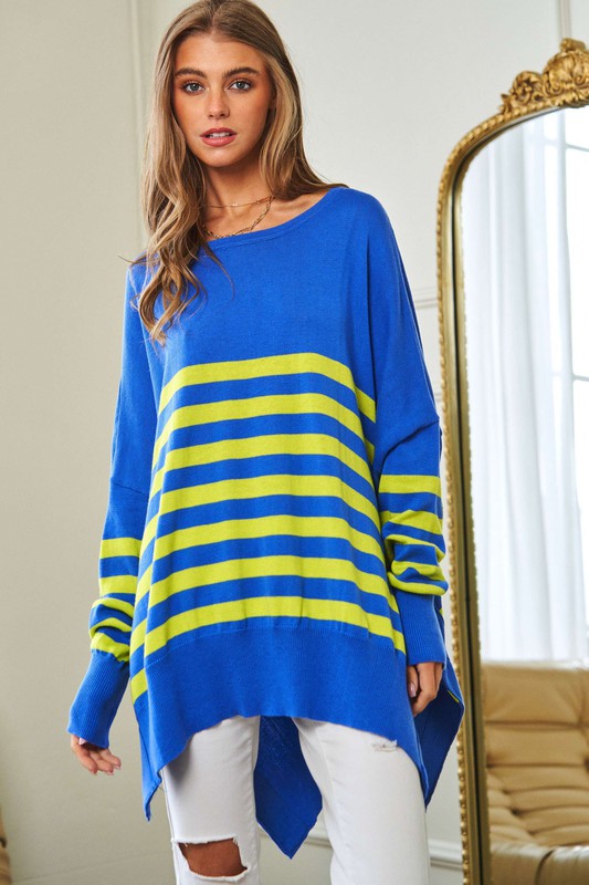 Bohemian Multi Striped Elbow Patch Loose Fit Sweater Top