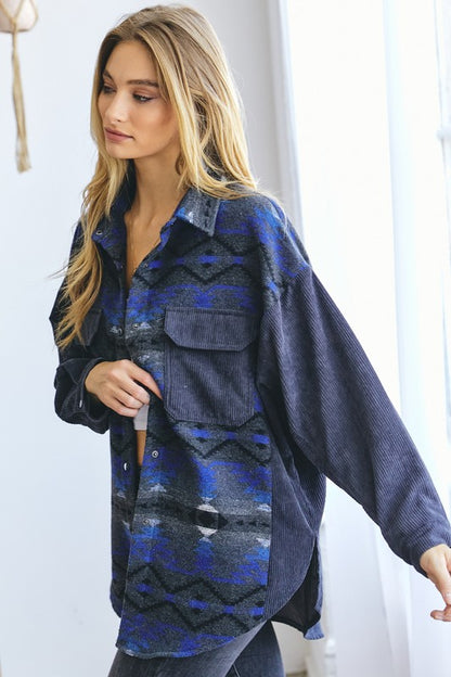 Bohemian Plaid Aztec Printed Button Down Long Sleeve Shirt Jacket