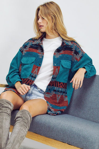 Bohemian Plaid Aztec Printed Button Down Long Sleeve Shirt Jacket