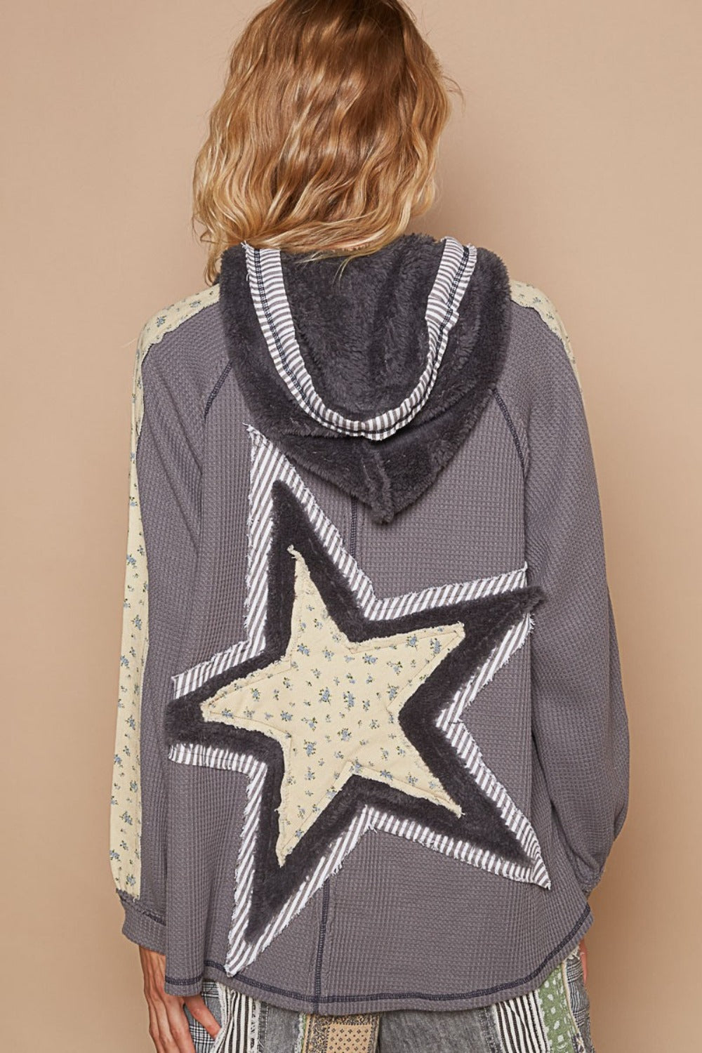 Bohemian Charcoal Half Zip Up Fleece Mix Back Star Patch Hoodie