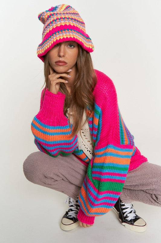 Bohemian Chunky Knit Multi-Striped Open Sweater Cardigan