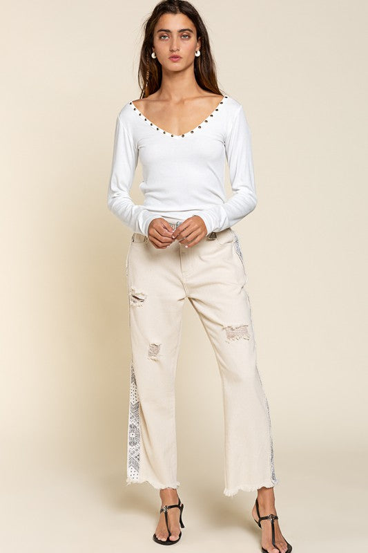 Bohemian POL Studded Ribbed V-Neck Top