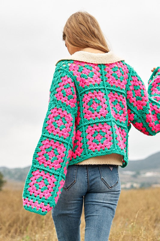 Bohemian Two-Tone Floral Square Crochet Open Knit Cardigan