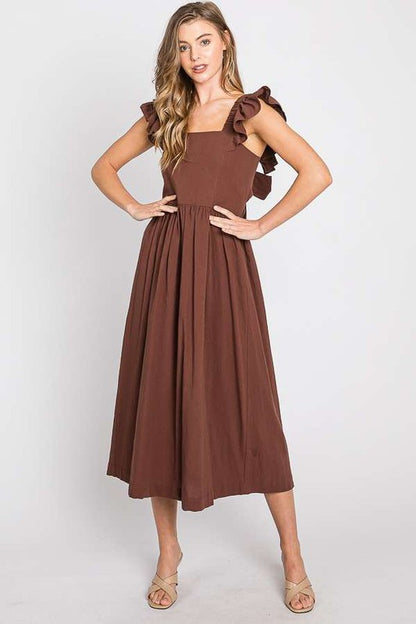 Bohemian Linen Ruffle Cut Out Back Midi Dress