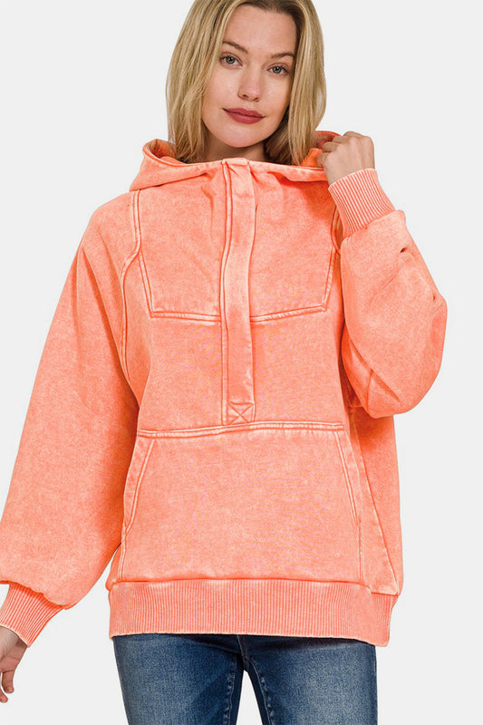 Bohemian Coral Acid Wash Fleece Kangaroo Hoodie