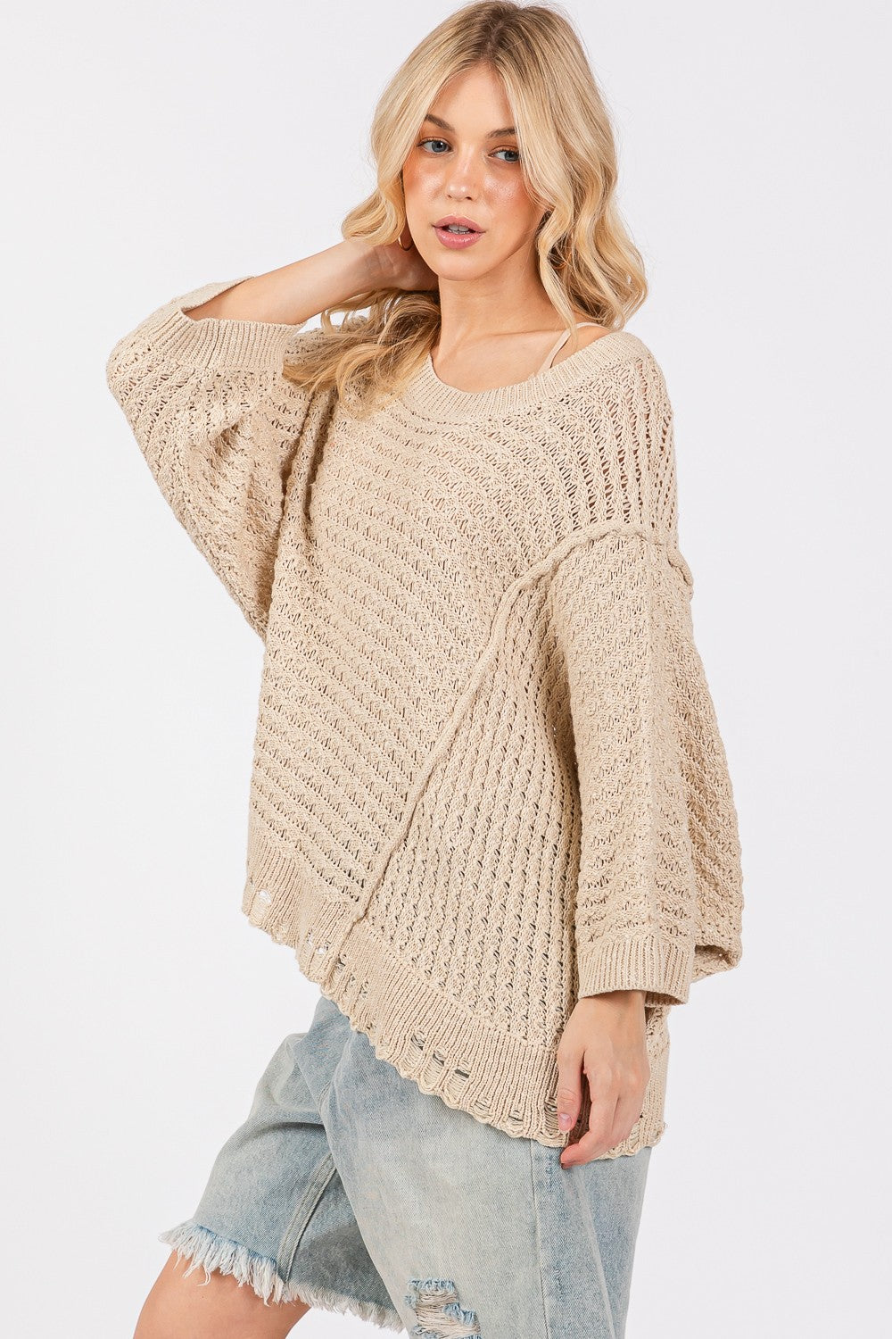 Bohemian Distressed Asymmetrical Open Stitch Sweater