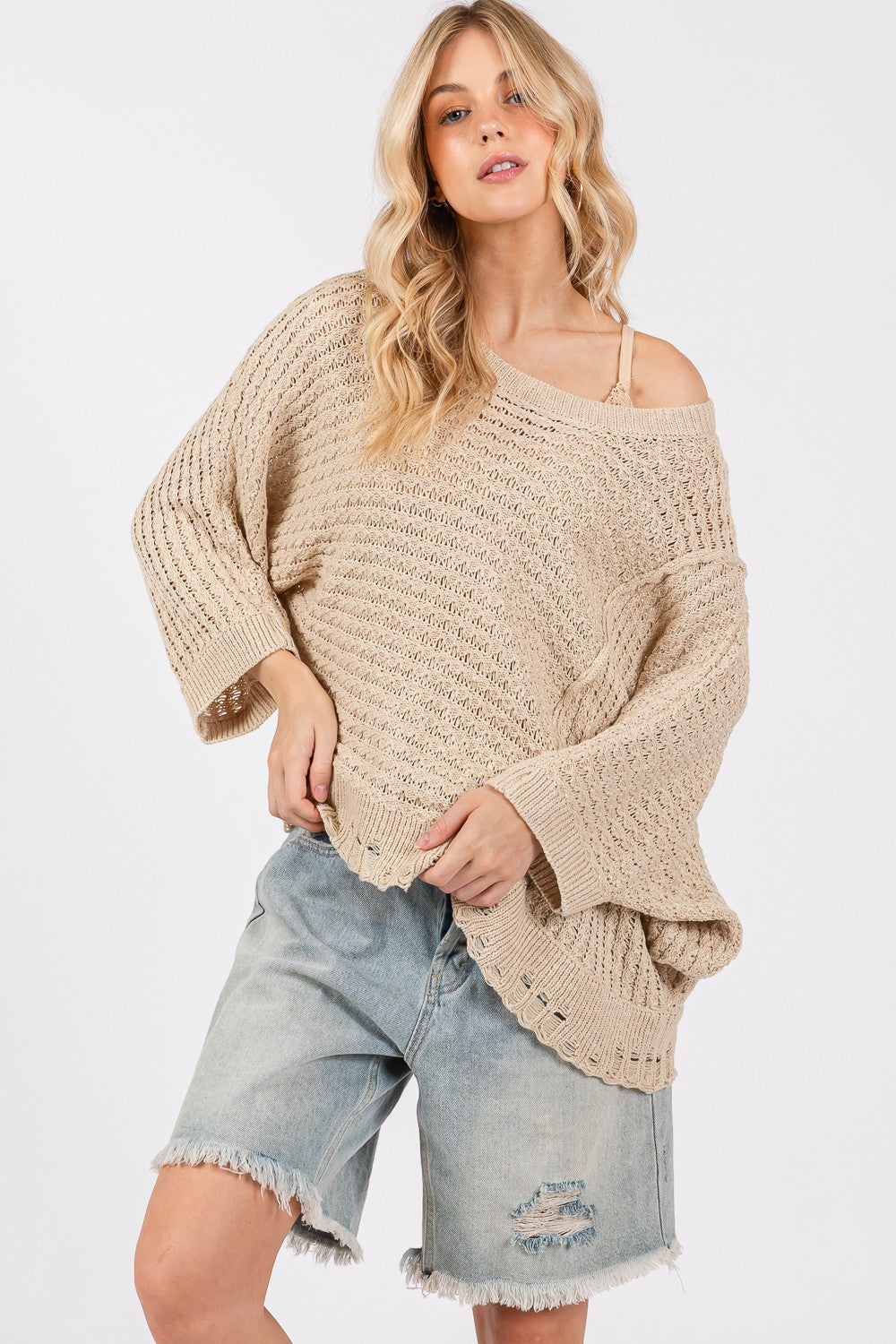 Bohemian Distressed Asymmetrical Open Stitch Sweater