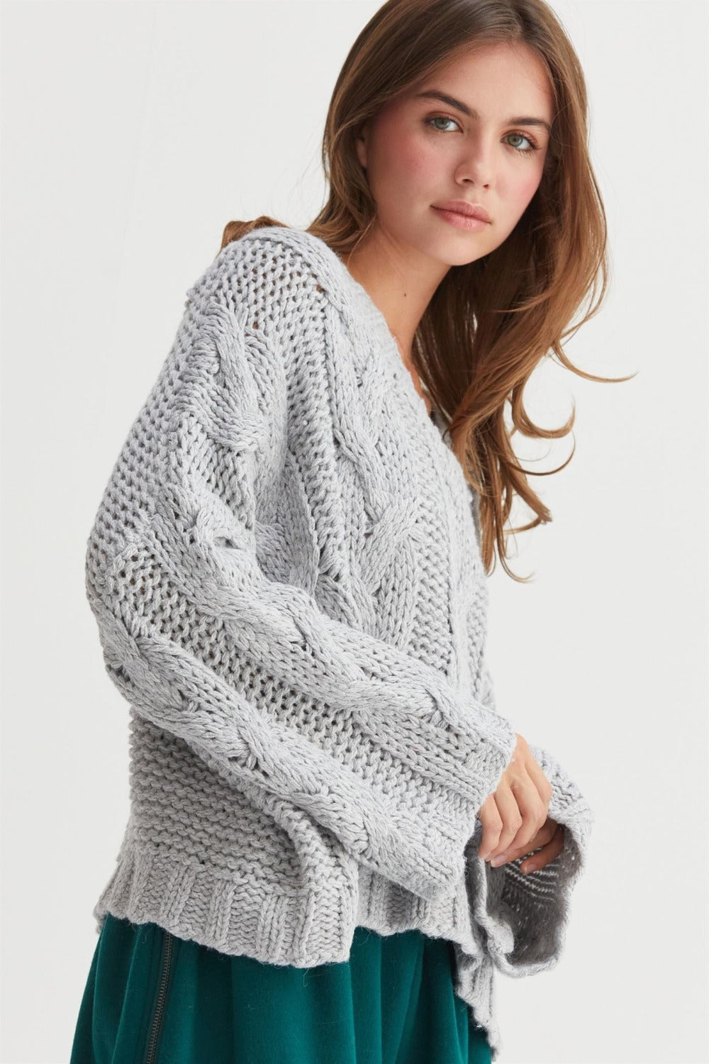 Bohemian Gray Cable Knit V-Neck Sweater