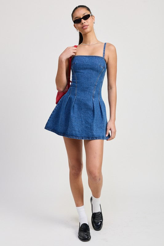 Bohemian Mini Pleated Denim Dress