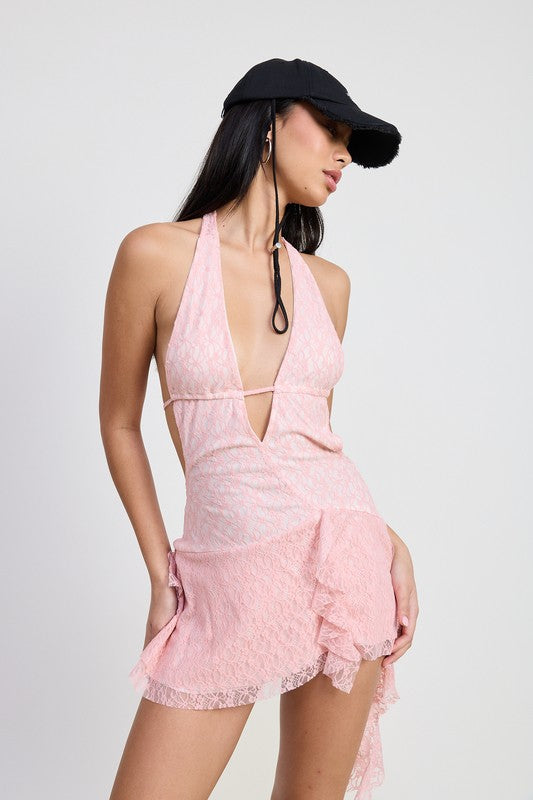 Bohemian Mini Ruffle Hater Neck Dress pink