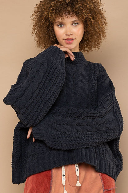 Bohemian Mock Neck Cable Knit Sweater