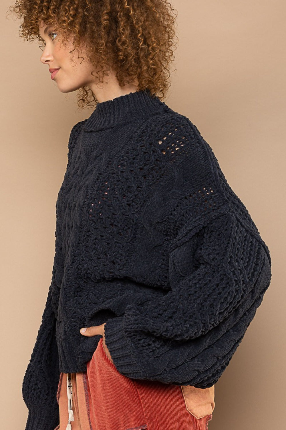 Bohemian Mock Neck Cable Knit Sweater