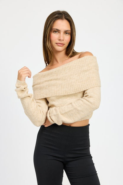 Bohemian Off Shoulder Fold Over Sweater Top