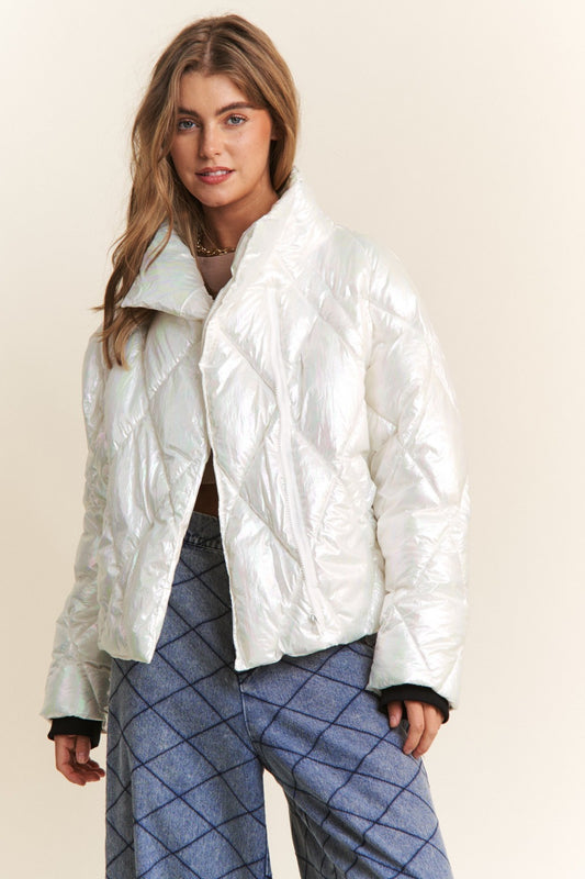 Bohemian Quilted Mock Neck Puffer Jacket