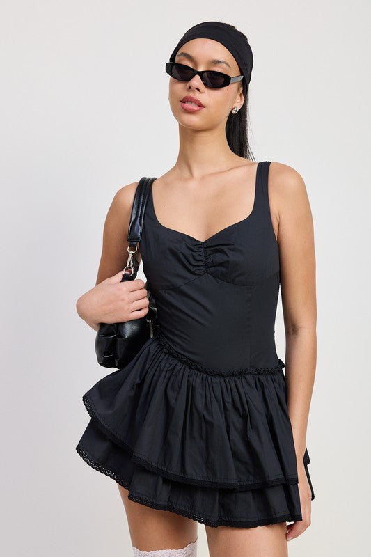 Bohemian Ruffled Hem Mini Dress Black