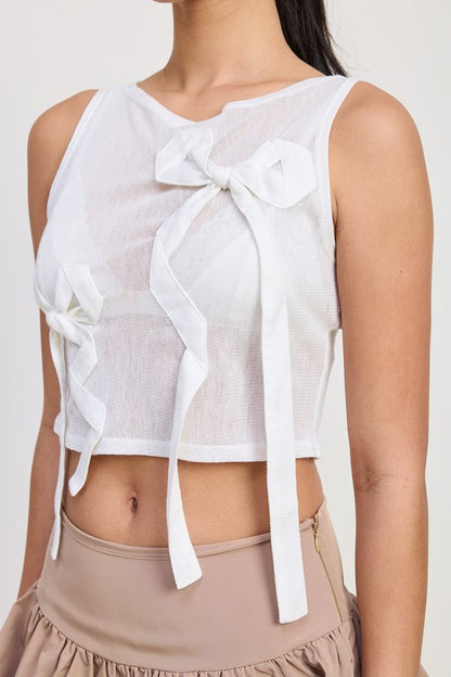 Bohemian Sleeveless Sheer Bow Cropped Top