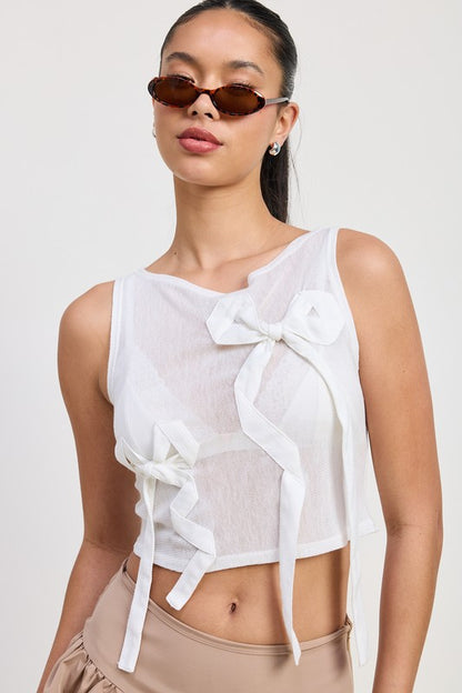 Bohemian Sleeveless Sheer Bow Cropped Top