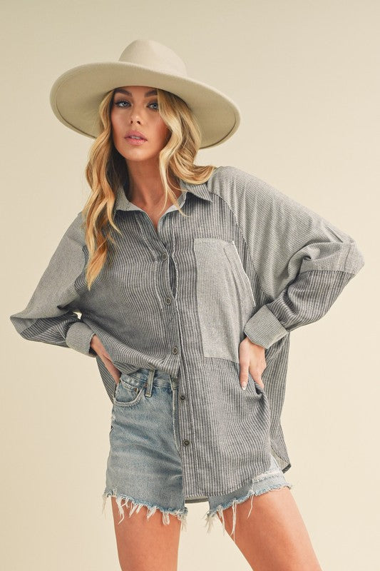 Bohemian Striped Collared Neck Lantern Sleeve Shirt