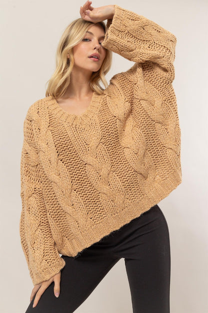 Bohemian Taupe Cable Knit V-Neck Sweater