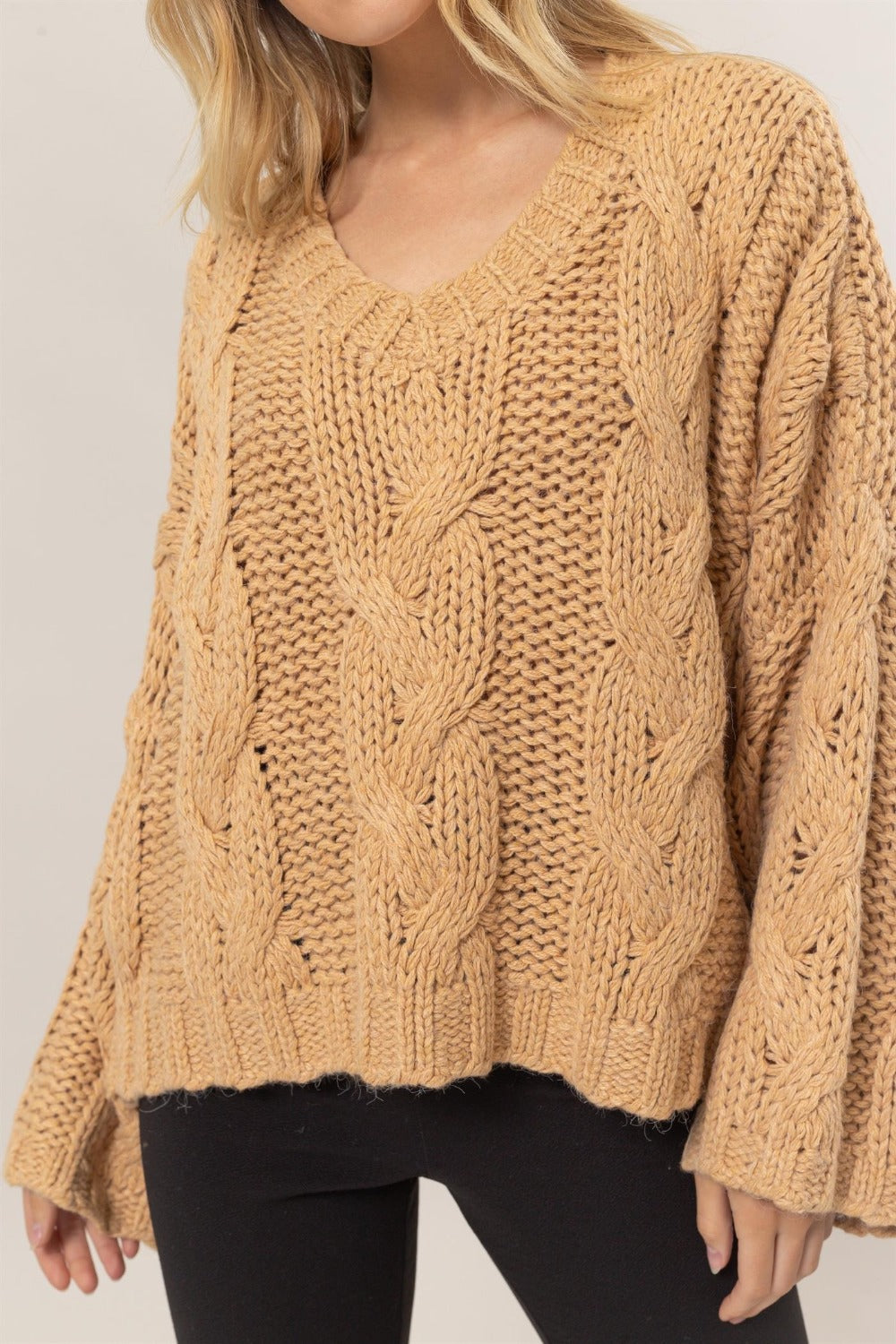 Bohemian Taupe Cable Knit V-Neck Sweater