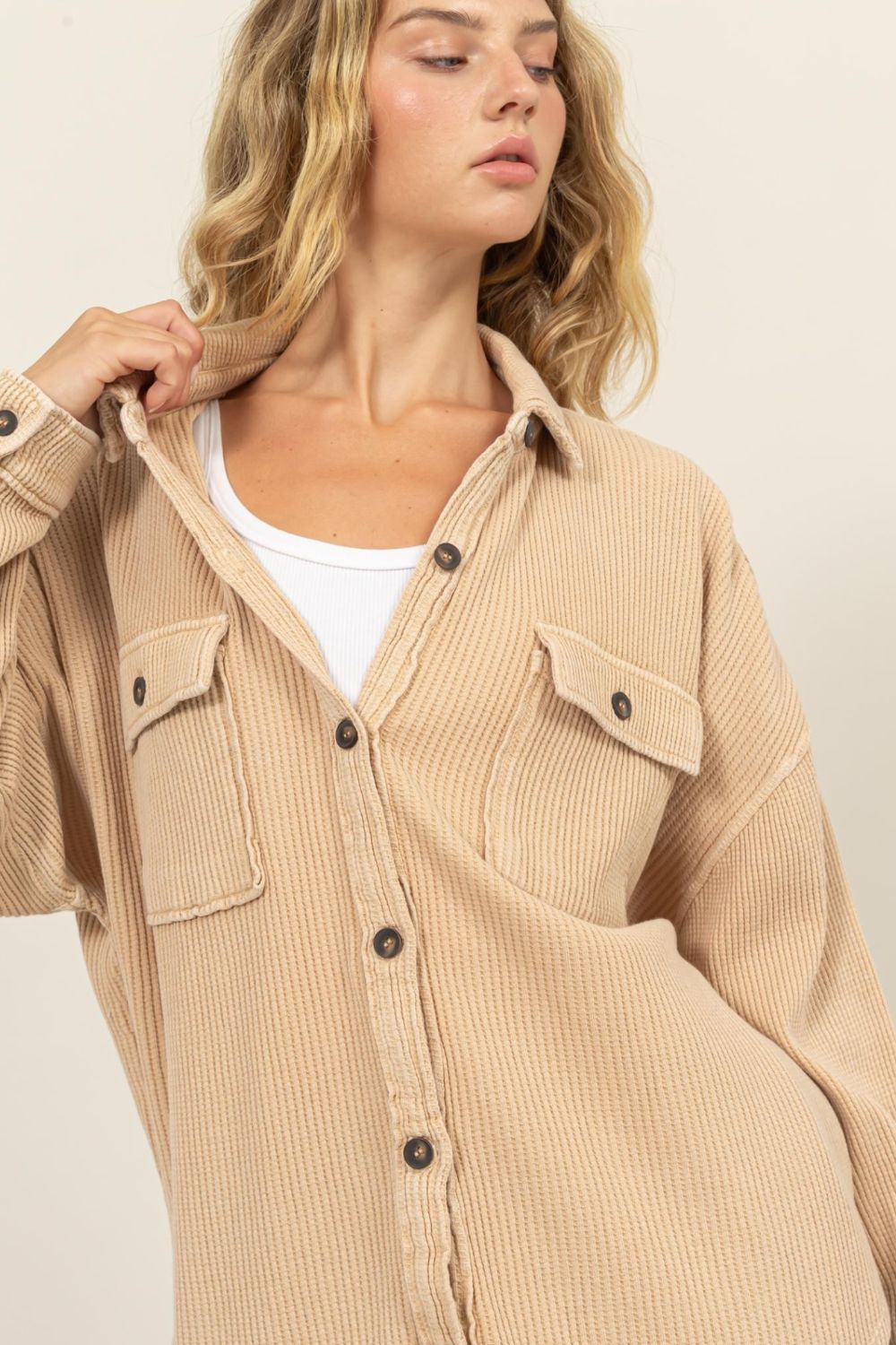 Bohemian Waffle-Knit Curved Hem Button Up Shacket