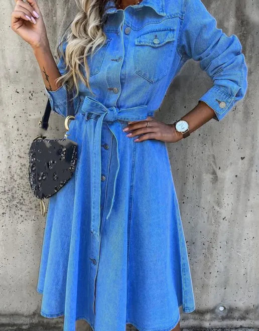 Boho Country Western Denim High Waist Flare Midi Dress- Final Sale