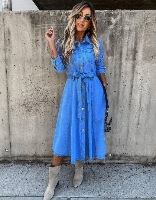 Boho Country Western Denim High Waist Flare Midi Dress- Final Sale