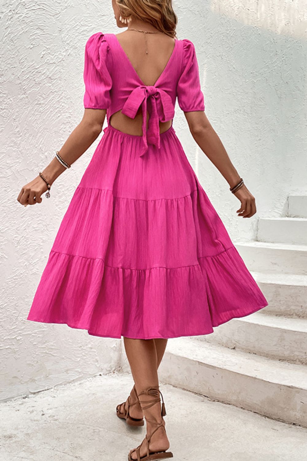 Indra Hot Pink Bohemian Square Neck Puff Sleeve Cutout Dress OliverandJade