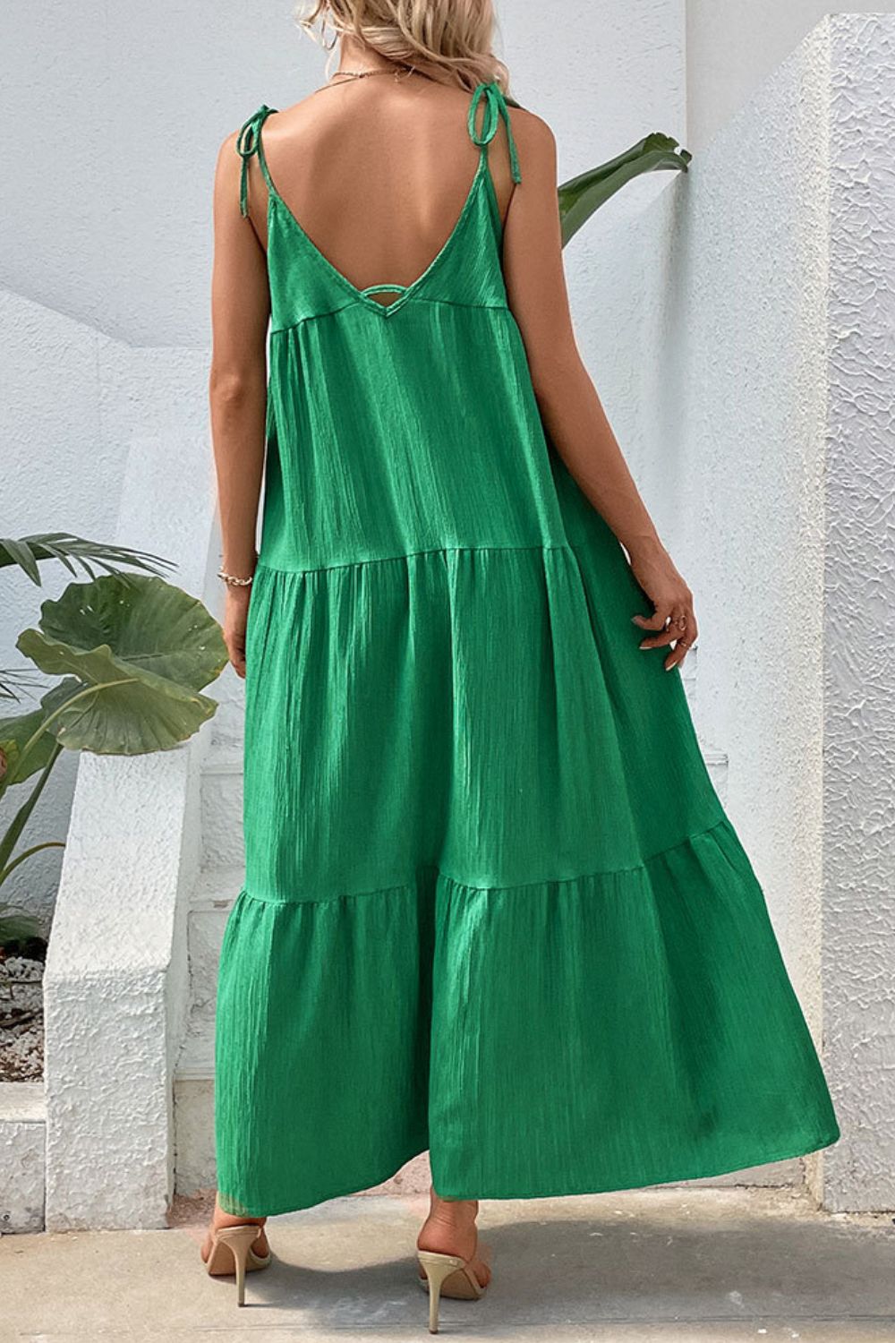 Lidia Bohemian Tie Shoulder Tiered Maxi Dress