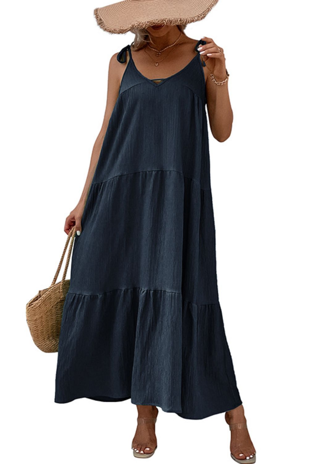 Lidia Bohemian Tie Shoulder Tiered Maxi Dress