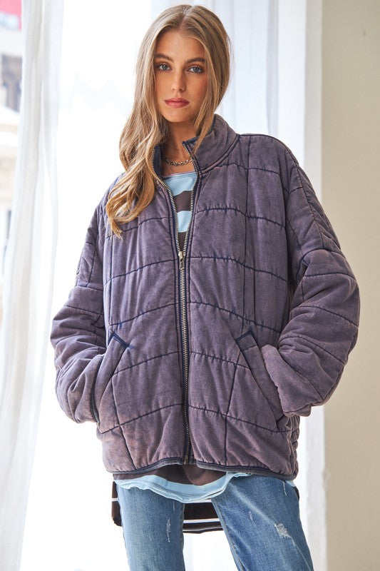 Bohemian Washed Soft Comfy Quilting Zip Closure Jacket