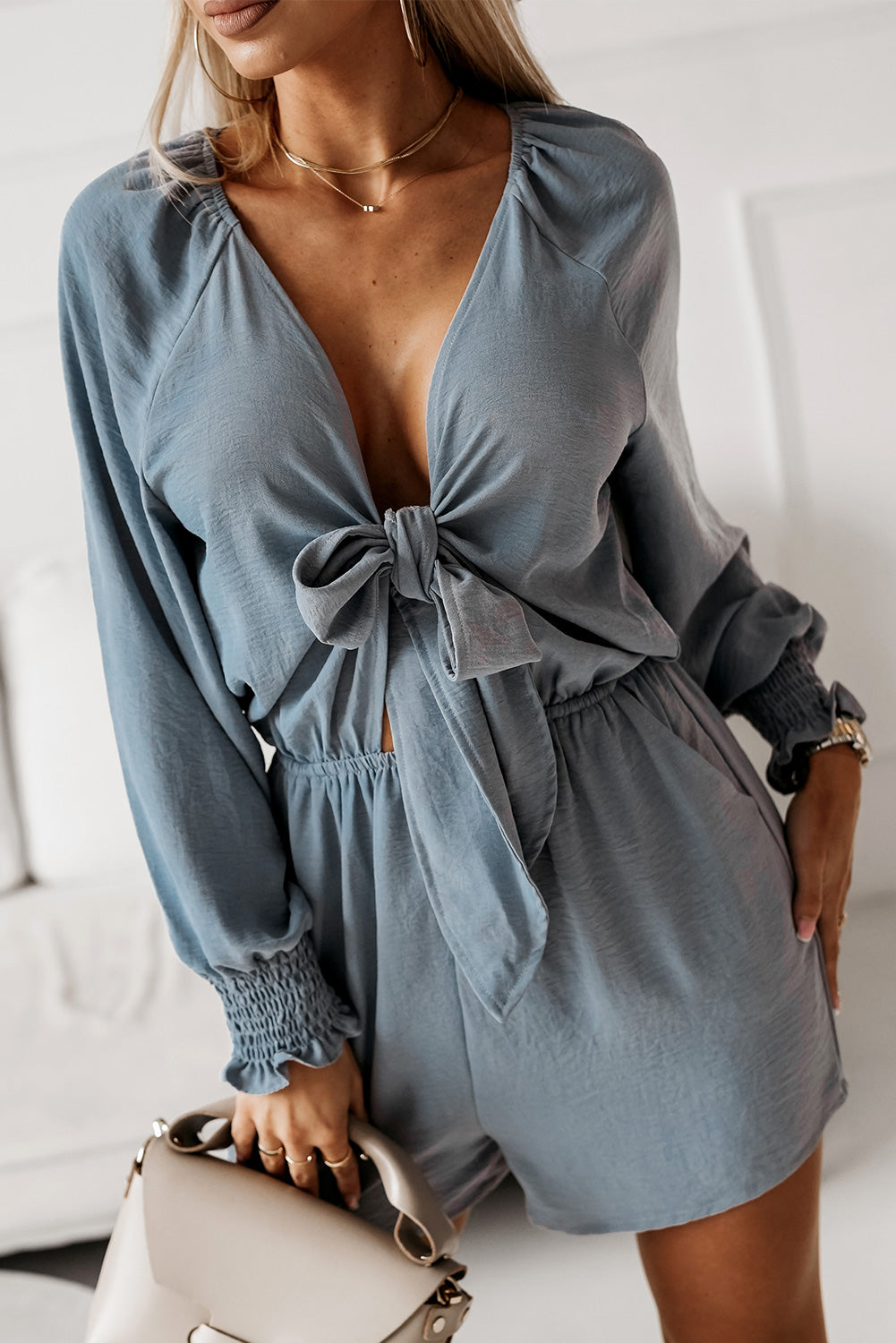 Brianna Tied Flounce Sleeve Plunge Romper