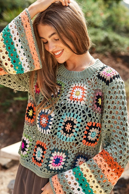 Bohemian Floral Crochet Striped Sleeve Cropped Knit Sweater