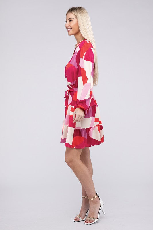 Bohemian Geometric Notched Neck Belted Dress