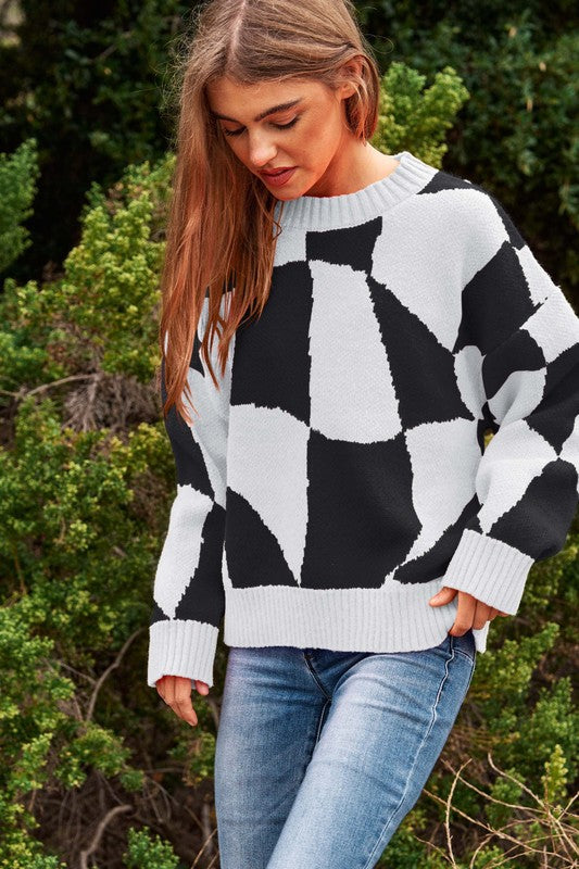 Bohemian Multi Geo Checker Pullover Knit Sweater Top