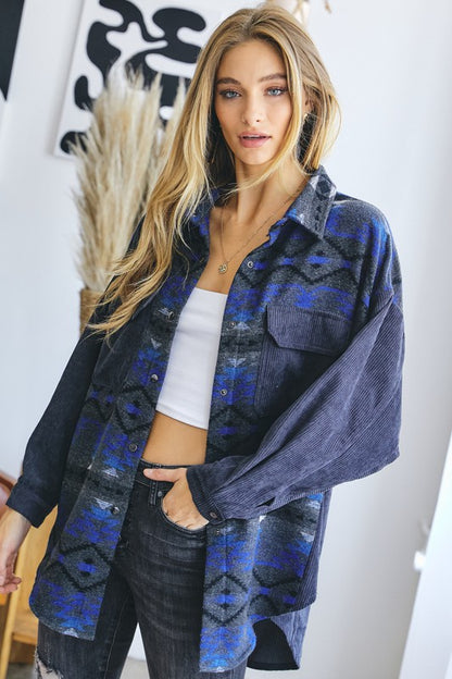 Bohemian Plaid Aztec Printed Button Down Long Sleeve Shirt Jacket